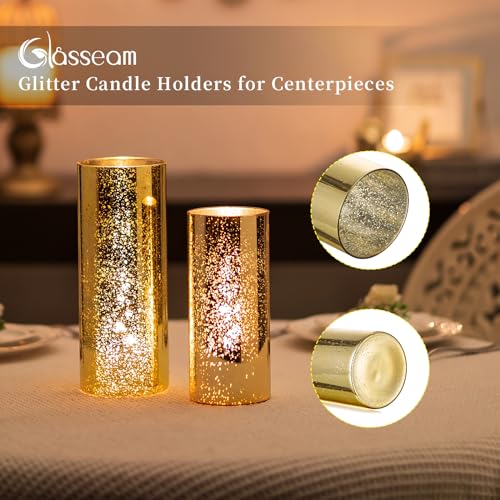 Glasseam Mercury Gold Candle Holders, Set of 6 Glass Hurricane Candle Holder, Glitter Pillar Candle Holder for Table, Mode...