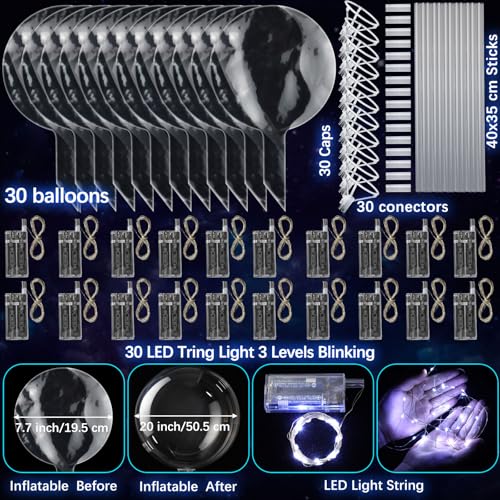 Vinsot 30 Pack LED Bobo Balloons Light Up Balloons Clear Helium Bubble Bobo Glow with String Lights for Parties Birthday W...