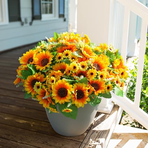 Sunflowers Artificial Flowers, 10 Bunches Fake Sunflower Artificial Flowers for Outdoors Spring Summer Decoration Look Rea...