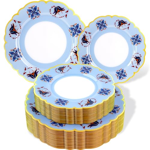 Morejoy 60Pcs Plastic Disposable Plates Set - Blue Plastic Plates Featuring Blue & Orange Floral Design With Gradient Gold...