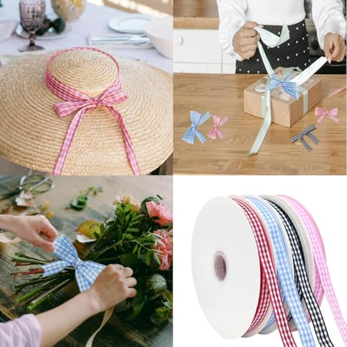 1 Rolls Checker Ribbon, 3/8 Inch x 50 Yards Checkered Ribbon, Woven Edge Check Ribbons, Polyester Woven Edge Ribbons for G...