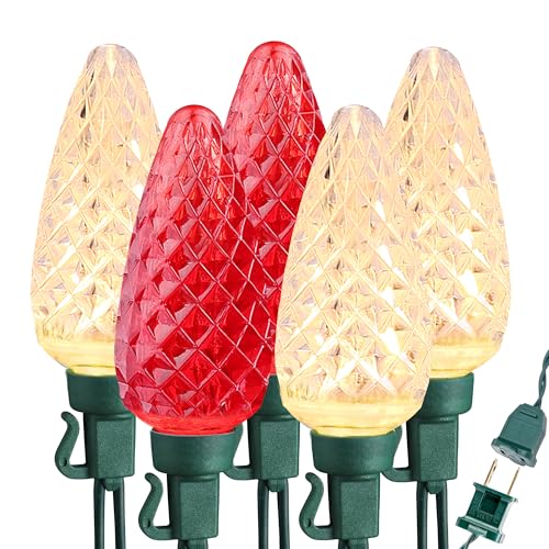 Brizled Red & Warm White C9 Christmas Lights, 33ft 50 LED Faceted Outdoor Christmas Lights, Connectable Xmas Tree Light, U...