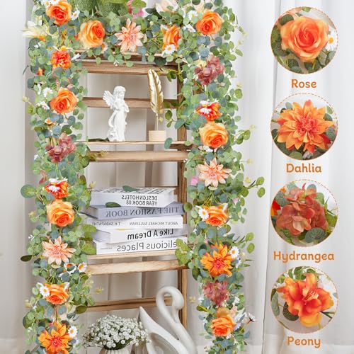 1 Pack Orange Flower Garland Decorations,6.07Ft Artificial Eucalyptus Garlands with Silk Rose Hydrangea Flower Vines Hangi...