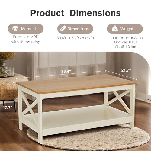 PHI VILLA Farmhouse Coffee Table for Living Room, White Coffee Tables with Storage Rustic Style Modern