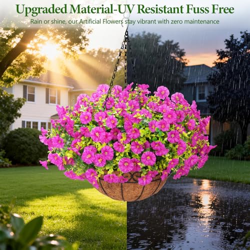 Yastouay Artificial Hanging Flowers for Outdoors, Fake Hanging Plants with Baskets, UV Resistant Hanging Flowers Fake Flow...
