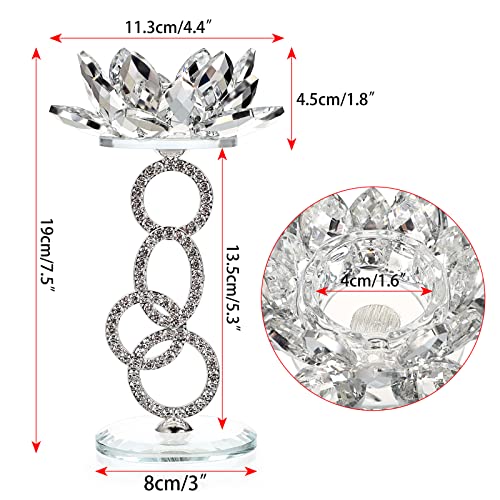 OwnMy Set of 2 Crystal Lotus Flower Candle Holders Metal Glass Lotus Pillar Candlestick Holders, Silver Crystal Lotus Teal...