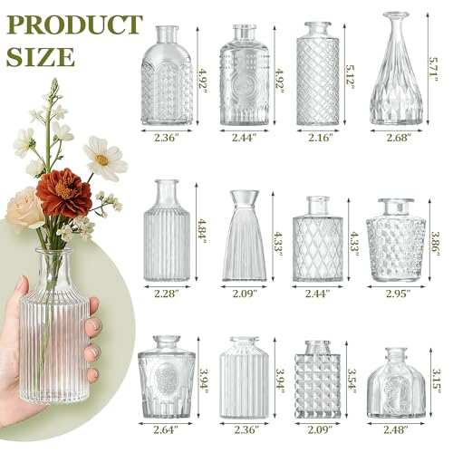 12 Pcs Clear Bud Vases Set, Small Vintage Glass Clear Bud Flower Vases Bulk Multiple Shape Cute Mini Glass Bottles Vases f...