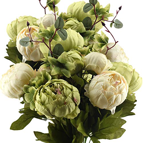 FiveSeasonStuff Artificial Peony Bouquets, 2 Cream Beige & Moss Green Silk Flower Bundles for Wedding Centerpieces & Home ...