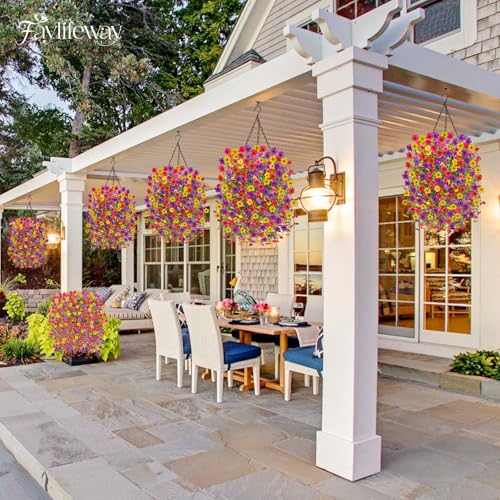 Faylifeway Artificial Hanging Flowers for Outdoors Spring Summer Decoration, 4PCS UV Resistant Silk Fake Hanging Plants fo...