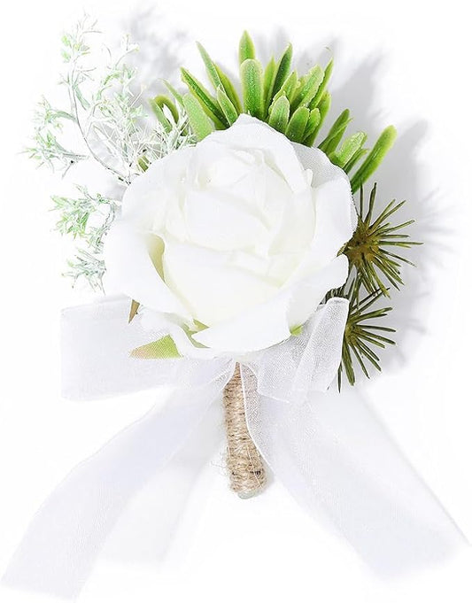 Latious Wedding Rose Boutonniere White Groom Flower Men's Boutineer Prom Buttonholes Party Suit Decor Anniversary Accessor...