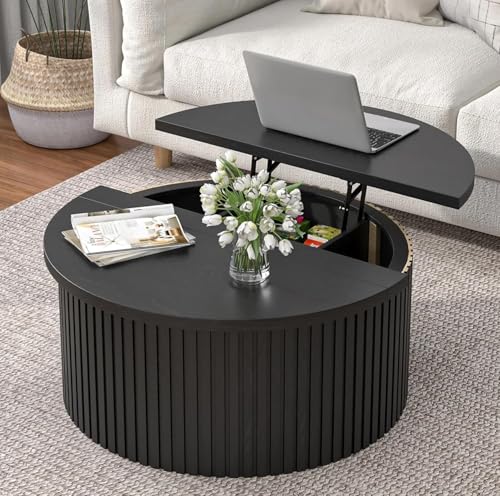 Fsbecl Fluted Lift Top Coffee Table with Hidden Storage, 31.6 Inch Round Coffee Tables for Living Room, Modern Circle Wood...