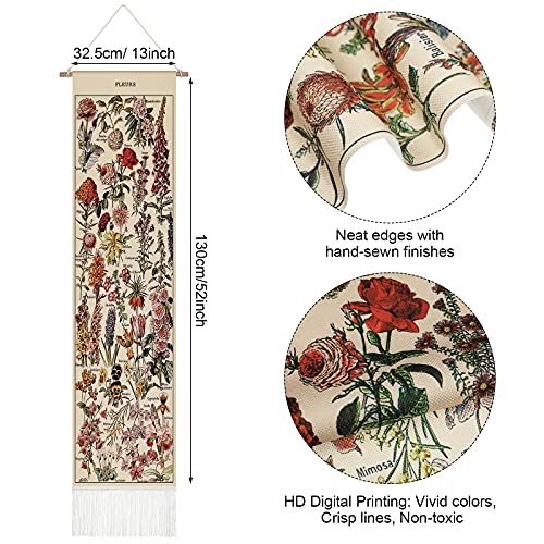 Tegeme Vintage Tapestry 52 x 13 Inch, Long Vertical Wall Hanging Reference Illustrative Botanical Tassel Tapestry for Bedr...