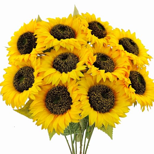 Mutcolor 10 Pcs Sunflowers Artificial Flowers with Long Stems Silk Fake Large Sunflowers Bouquet Faux Sunflower Arrangemen...