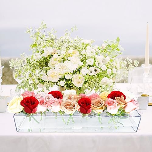 4 Pack Clear Acrylic Flower Vase Centerpiece for Dining Table,63.2 Inch Rectangular Floral Low Vases with 64 Holes for Din...