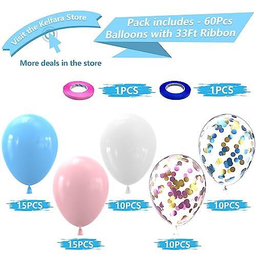 Pink Blue White Balloons,60 Pcs 12 inch Pink Blue and White Pastel Gold Blue Confetti Latex Balloons with 2rolls 33ft Ribb...