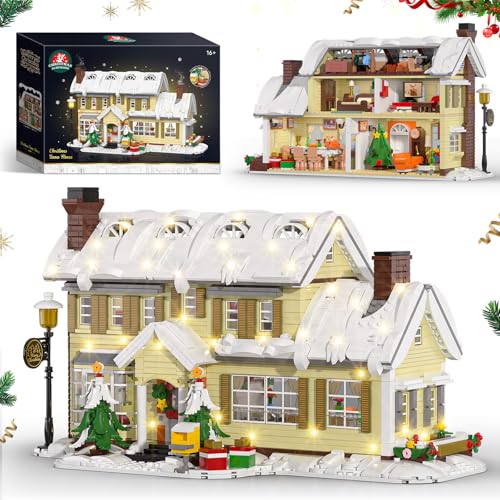 Tweandar Christmas Holiday House Building Blocks Set, Christmas Village House Building Kit with Warm LED Lights, Christmas...