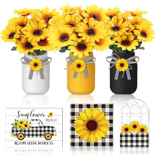12 Sets Sunflower Mason Jar Centerpiece for Table Summer Sunflower Decor with Artificial Flowers Farmhouse Wooden Table Ce...