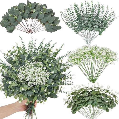 Faylifeway 120 Pcs 4 Kinds Mixed Eucalyptus Greenery Stems, Baby Breath Flowers Artificial Bulk and Greenery Stems for DIY...