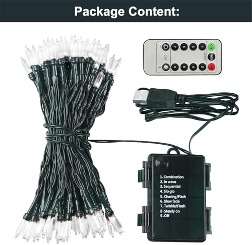 Green Convenience Christmas Lights 33ft 100 LED Battery String Lights with Timer Memory Function USB or Battery Powered Wa...