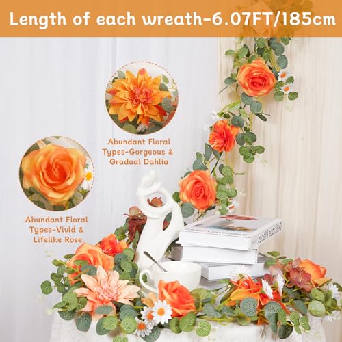1 Pack Orange Flower Garland Decorations,6.07Ft Artificial Eucalyptus Garlands with Silk Rose Hydrangea Flower Vines Hangi...