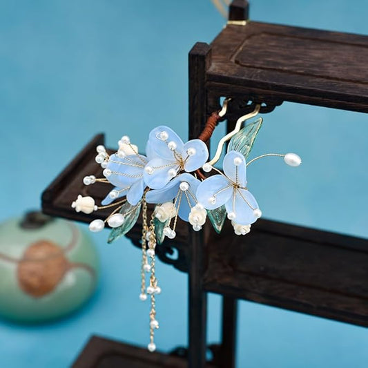 1 pcs Rabithenn Light Blue Narcissus Hairpin with Multiple Flowers and Elegant Pendant - Chinese Floral Hair Stick, Vintag...