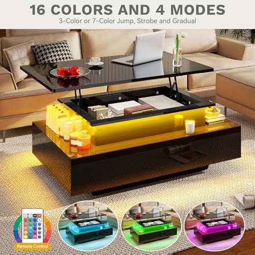 DWVO LED Lift Top Coffee Tables for Living Room, Rectangular Coffee Table with 4 Spacious Drawers, Modern Center Table wit...