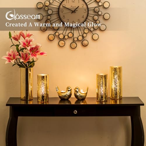Glasseam Mercury Gold Candle Holders, Set of 6 Glass Hurricane Candle Holder, Glitter Pillar Candle Holder for Table, Mode...