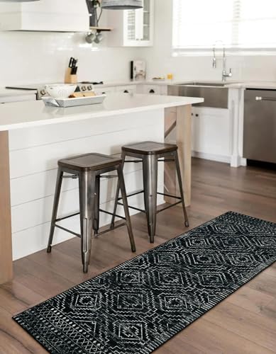 Wonnitar Washable Kitchen Runner Rug 2x6, Moroccan Black Runners for Hallway, Non Slip Bohemian Soft Bathroom Throw Mat Ge...