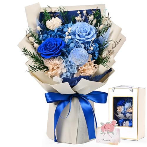 Waipfaru Flowers for Delivery Prime,Blue Preserved Flowers, Fresh Bouquet with Gift Box, Forever Rose for Women Mother Day...