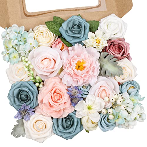 AmyHomie Blue Pink Artificial Flowers Combo Silk Mix Peony Rose Hydrangea Daisy Fake Flowers w/Stem for DIY Wedding Bouque...