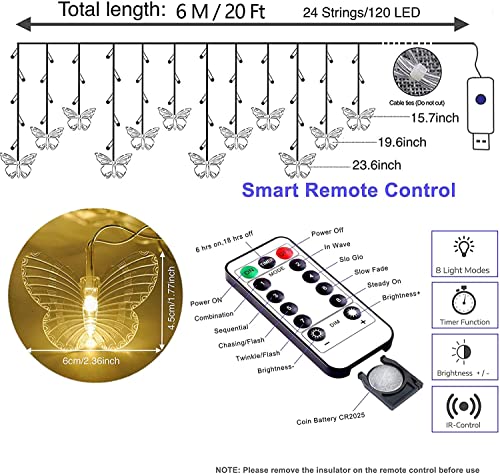 StarryMine Curtain Butterfly String Light 20Ft 120LED Window USB Fairy Lights 24 Butterfly 8 Modes with Remote Control for...