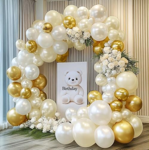 White and Gold Balloon Garland - Double Stuffed Pearl Sand White Gold Balloons Arch Kit 5 12 18 inch for Birthday Graduati...