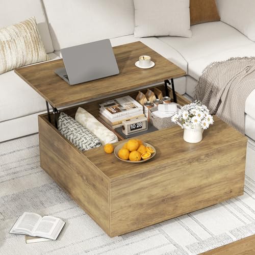 FABATO Lift Top Coffee Table, Wood Square Coffee Table with Storage, Farmhouse Coffee Tables with Hidden Storage Compartme...