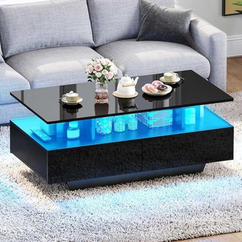 DWVO LED Coffee Table with Storage 4 Drawers, Modern High Glossy Coffee Tables for Living Room, Black Rectangle Coffee Tab...