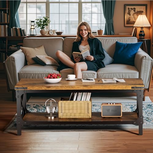 Rectangle Coffee Tables for Living Room, Wood Rectangular Coffee Table, 2 Tier Industrial Modern Center Table with Thicken...