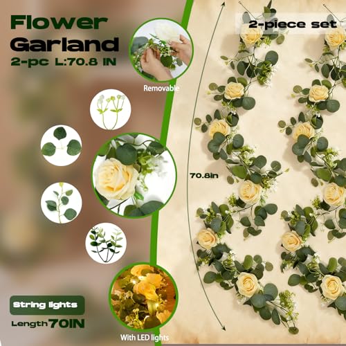 Solivya 2 Pack 5.9 FT Artificial Flower Garland with Lights, Fake Floral Garland with 12 Roses, White Flower Decorations f...