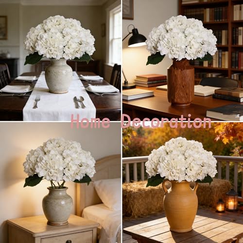 Kimura's Cabin 6pcs Faux White Hydrangeas Fake Flowers Artificial Silk Hydrangea Flower With Stems Bouquets Arrangement fo...