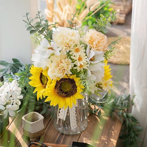 LUEUR Fake Flowers Artificial Sunflowers with Vase, Faux Silk Carnation,Daisy Flowers for Home Office Decorations, Kitchen...