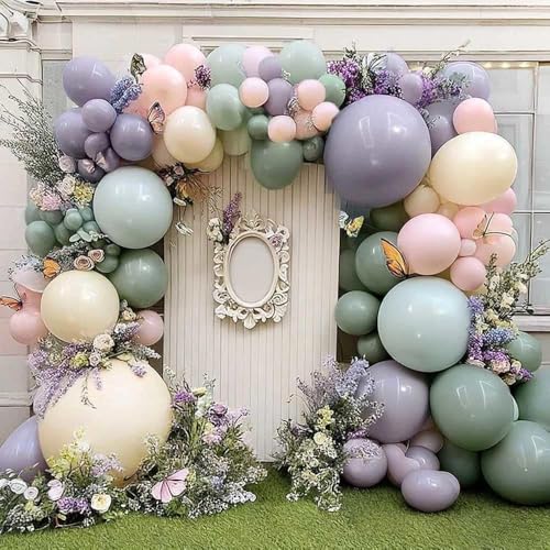 Dusty Green Purple Pink Balloon Arch, Double Stuffed Lavender Light Sage Green Ivory Blush Pastel Balloon Garland Kit for ...