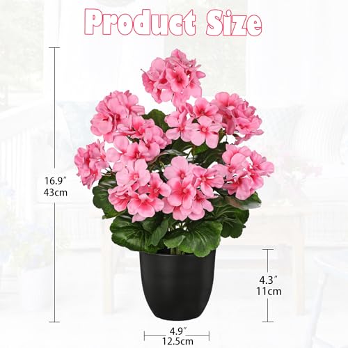 Briful 17” Geraniums Artificial Flowers Realistic Potted Plant – Pink Fake Geraniums for Outdoors, Silk Flowers Artificial...