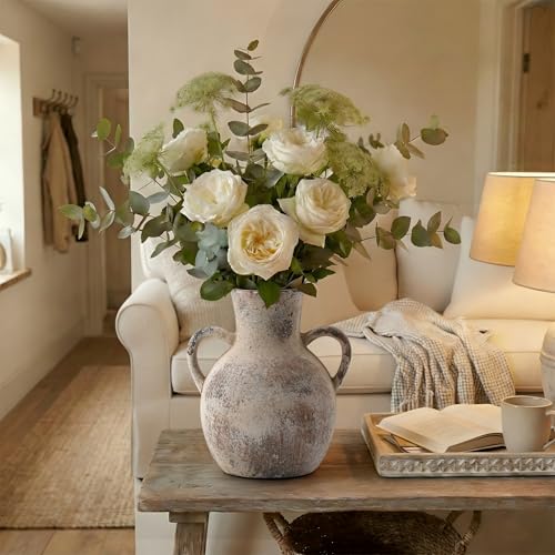 SIDUCAL Rustic Ceramic Farmhouse Flower Vase with 2 Handles, Whitewashed Terra Cotta Vase, Decorative Pottery Flower for H...
