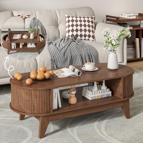 Coffee Table with Storage,Mid Century Modern Coffee Tables with 2 Flip-Top Hidden Lids,Fluted Coffee Table,Wood Center Tab...