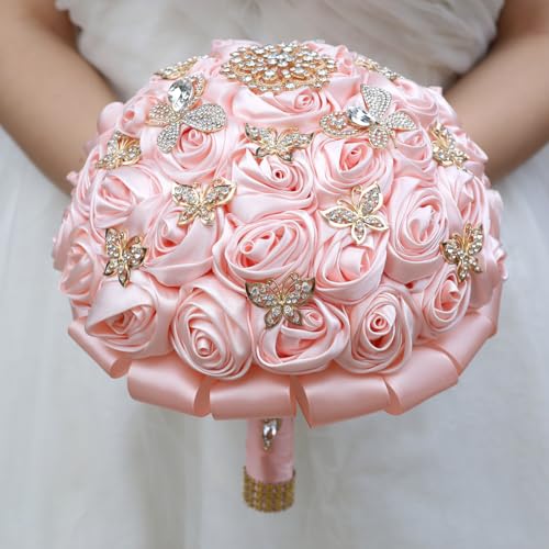 TUAGYMKR Handmade Rhinestone Brooch Satin Bridal Bouquet,7.5inches Crystal Wedding Round Tossing Bouquet, Artificial Flowe...