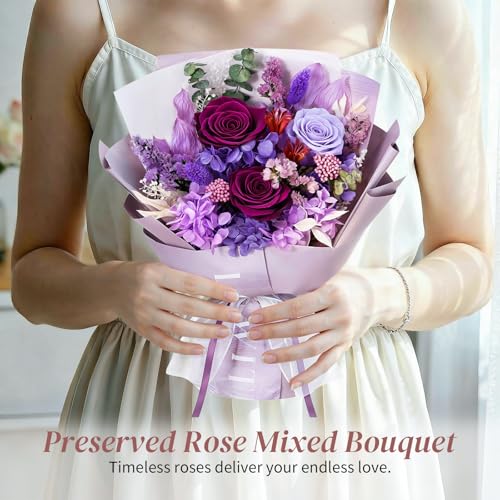 Lewondr Flower for Delivery, Preserved Flowers Bouquet, Purple Roses Bouquet, Real Long-Lasting Forever Birthday Flowers G...