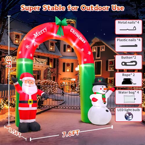 KOOY 8FT Christmas Inflatable Santa Snowman Arch Outdoor Decorations Blow up Yard Decoration,LED Lights for Christmas Part...