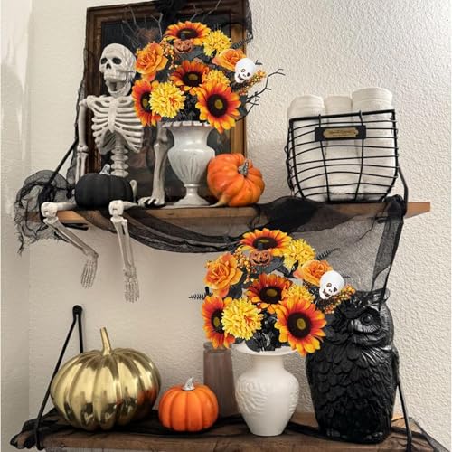 NAHUAA 2Pcs Fall Flowers Artificial Halloween Flowers 20Inch Fake Sunflowers with Silk Marigold Roses Skulls Decor for Hal...