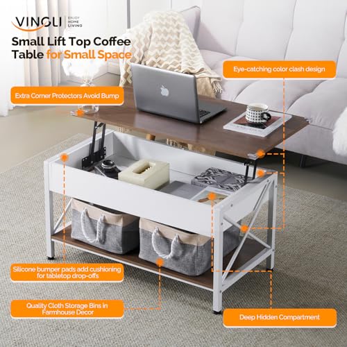 VINGLI 36" Lift Top Coffee Table with Free Cloth Storage Bins, White Walnut Framhouse Coffee Tables for Living Room, Small...