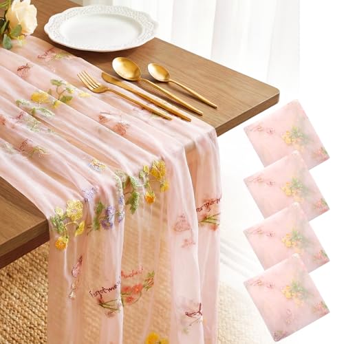 4 Pack Embroidery Floral Table Runner Spring Summer Tulle Boho Table Runners Wildflower Party Decorations for Kitchen Dini...