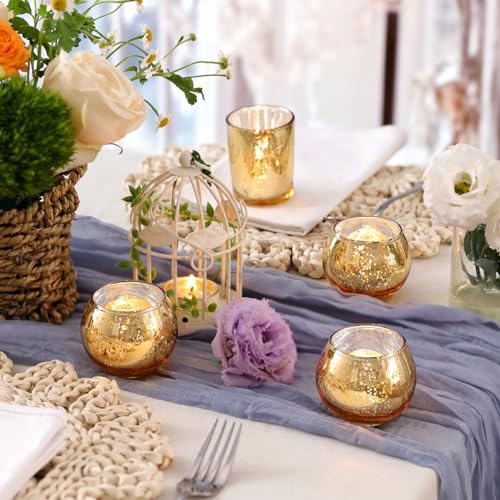 Volens Round Gold Votive Candle Holders, Mercury Glass Candle Holder Set of 12, Wedding Decorations for Table