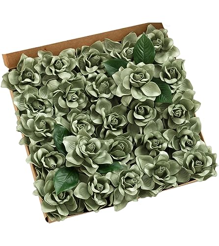 Ling's moment Flowers 25pcs Fake Gardenia Green Flowers Artificial Flowers with Stem, Fake Flower for DIY Wedding Decorati...